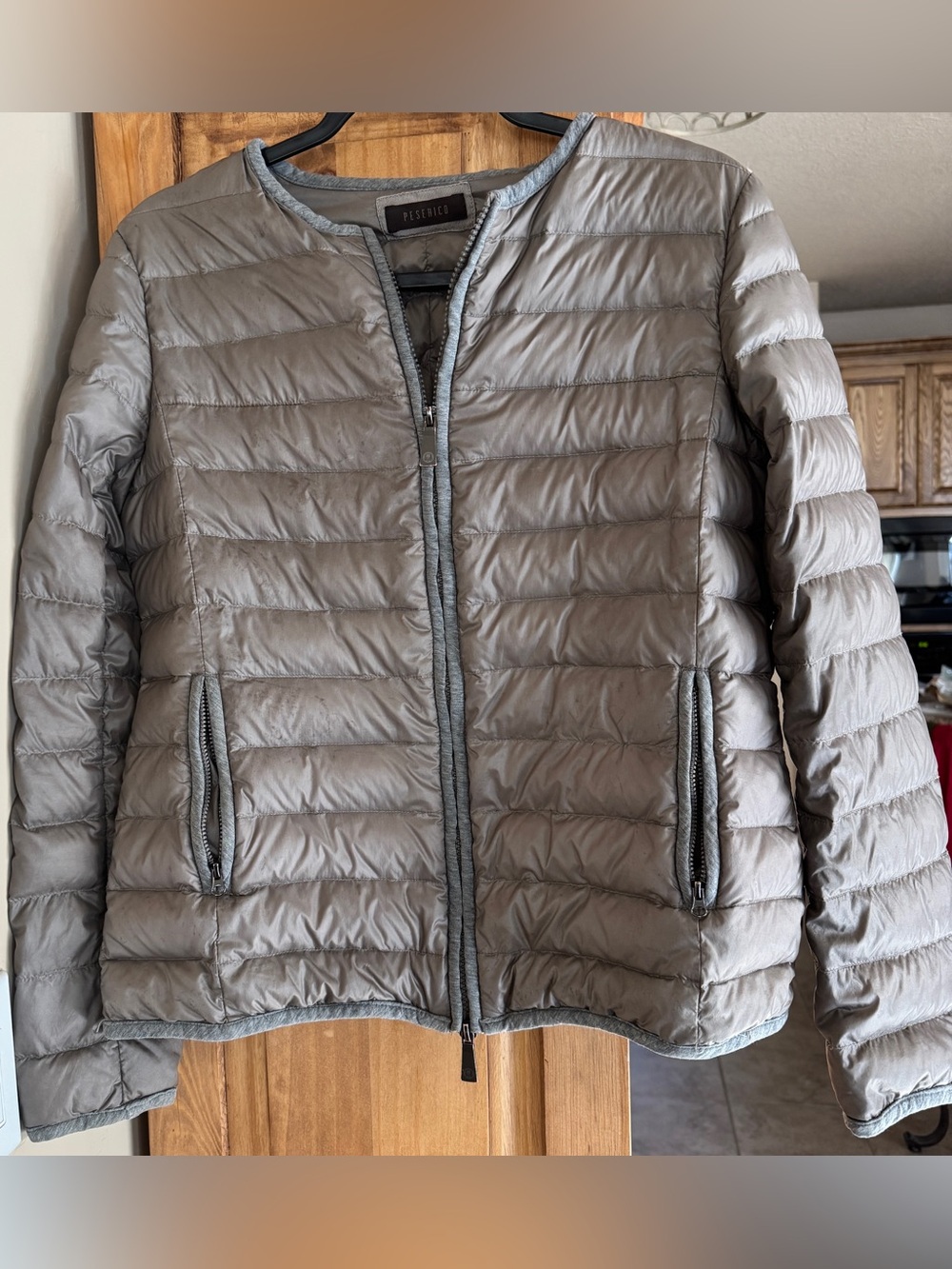Peserico Italian Lightweight Down Puffer Jacket Gray Taupe Medium